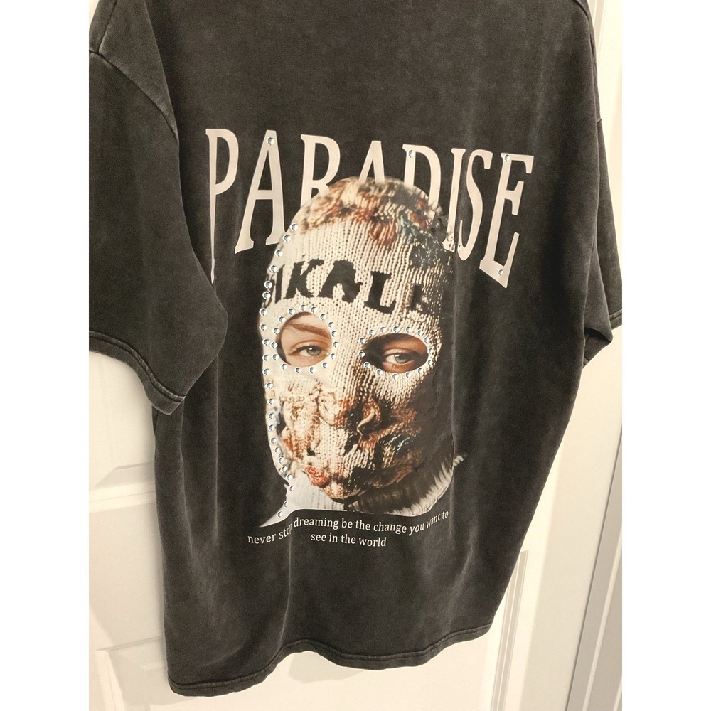 PARADISE Mens L Black Washed Graphic Tee Oversized Streetwear Y2K